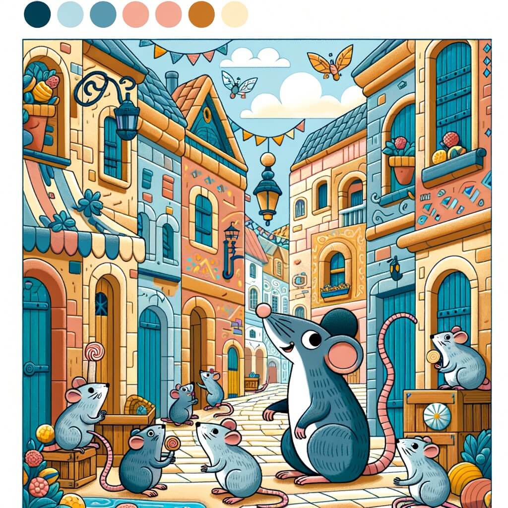 Une illustration destinée aux enfants représentant un petit rat astucieux, accompagné de ses amis rats, explorant les ruelles étroites et colorées d'une petite ville, à la recherche de délicieux trésors cachés.