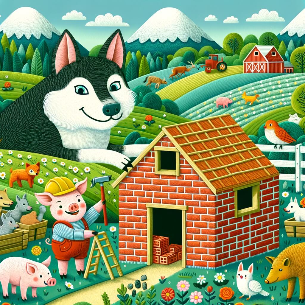 Une illustration pour enfants représentant un petit cochon maladroit, qui doit construire sa propre maison pour vivre, dans une ferme pleine de dangers.