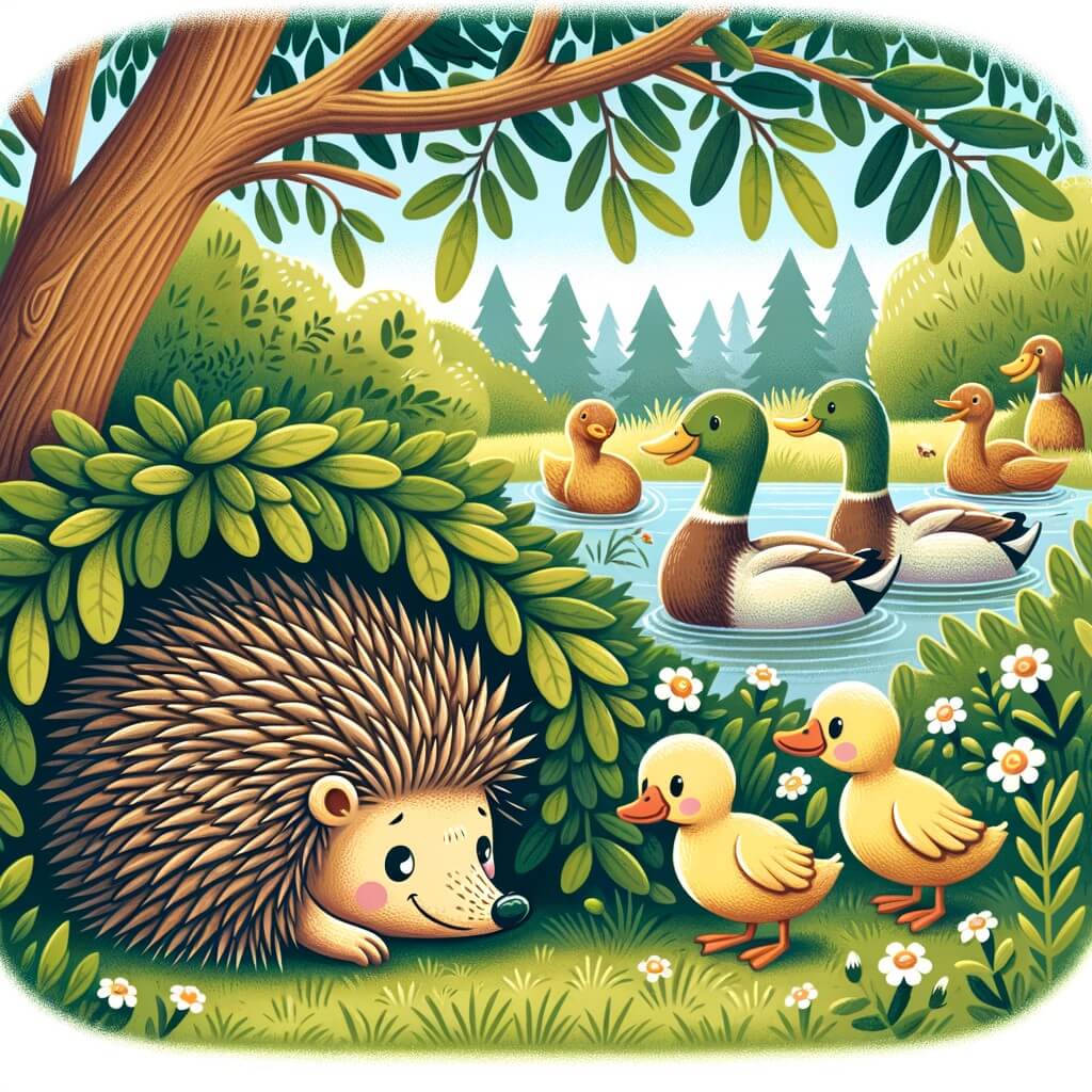 Une illustration destinée aux enfants représentant un hérisson solitaire, caché sous un buisson épineux, qui découvre la joyeuse compagnie d'une famille de canards dans une forêt verdoyante et paisible.