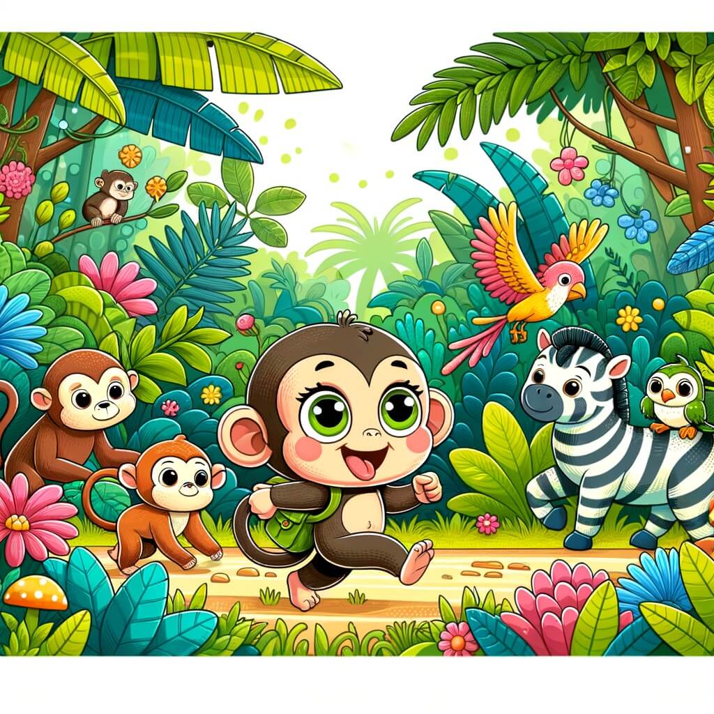 Une illustration destinée aux enfants représentant une petite guenon espiègle, accompagnée de ses amis animaux, explorant une forêt dense et luxuriante pleine de couleurs vives et de plantes exotiques.