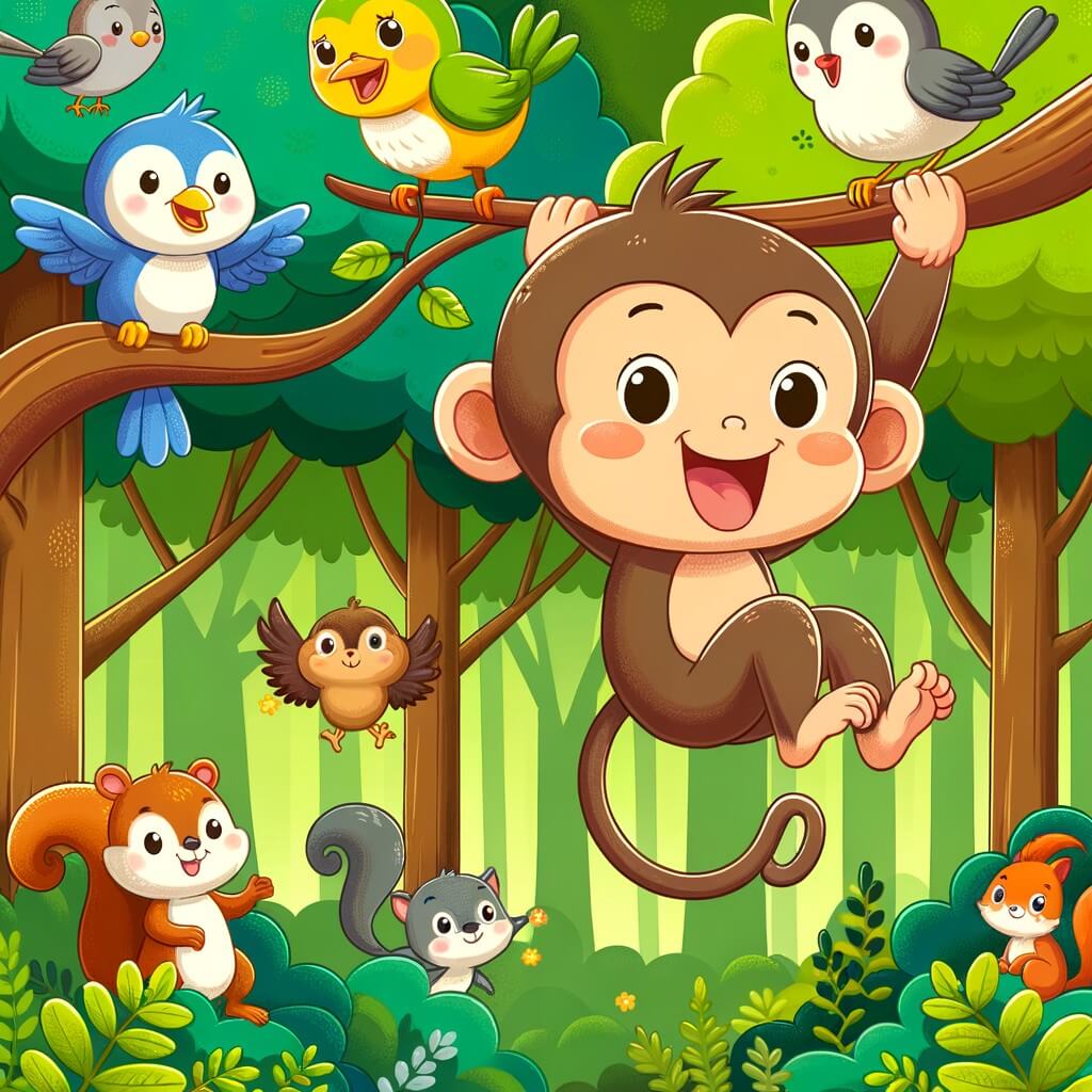 Une illustration destinée aux enfants représentant un joyeux singe, se balançant de branche en branche, accompagné de ses amis les oiseaux et les écureuils, dans une forêt dense et verdoyante.