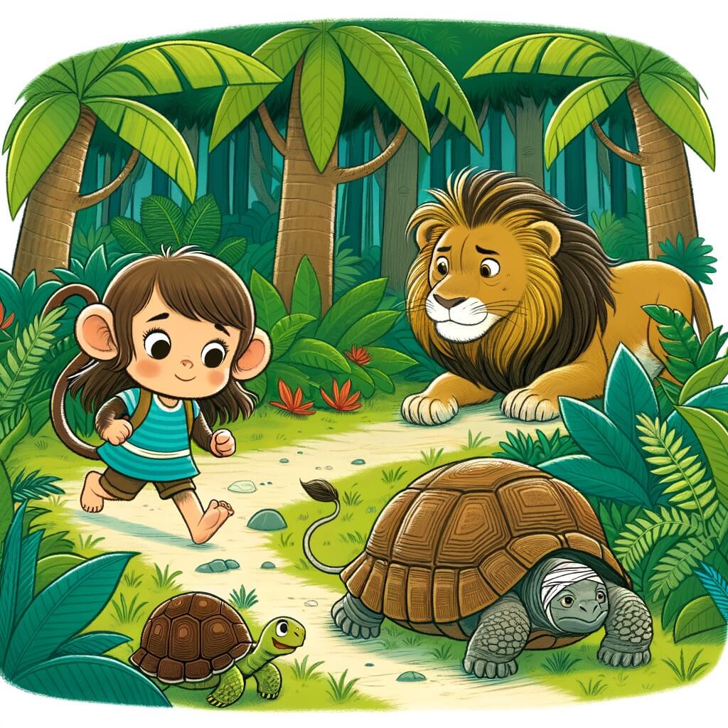 Une illustration destinée aux enfants représentant une jeune guenon intrépide, perdue dans la luxuriante jungle amazonienne, qui rencontre une sage tortue et un lion blessé, tous deux prêts à l'aider dans sa quête de retrouver sa famille.