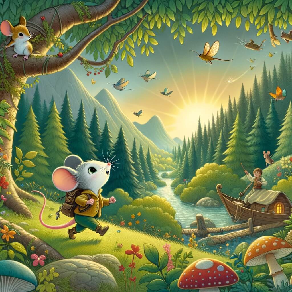 Une illustration pour enfants représentant une souris intrépide qui explore le vaste monde, entre rencontres merveilleuses et dangers, dans une forêt enchantée.