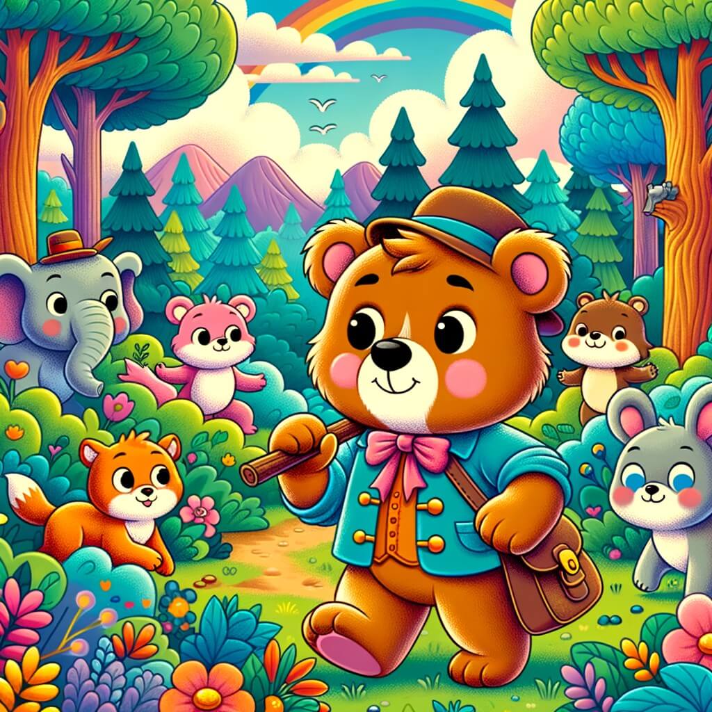 Une illustration destinée aux enfants représentant un adorable ourson, curieux et courageux, vivant de passionnantes aventures en compagnie d'autres animaux de la forêt, dans un paysage luxuriant et coloré de la forêt enchantée.