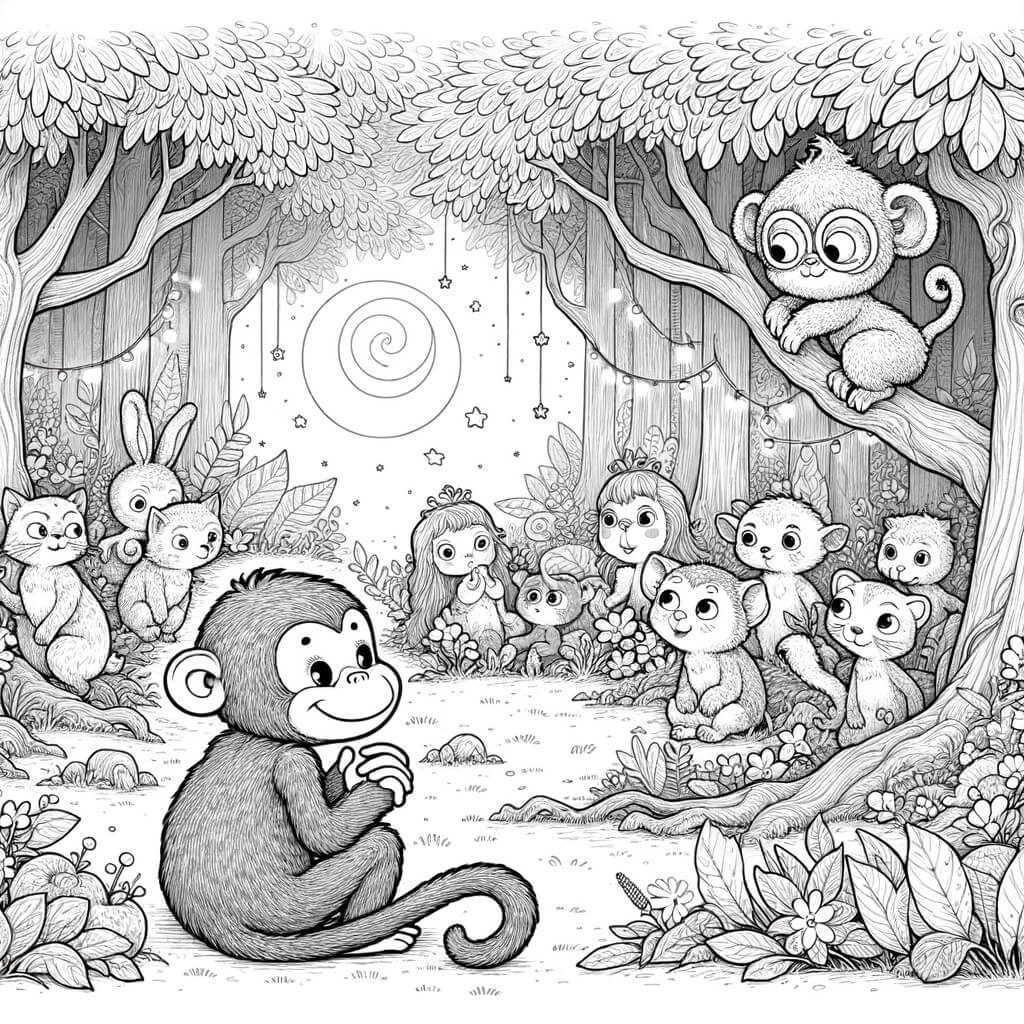 Une illustration destinée aux enfants représentant un singe espiègle se trouvant dans une forêt enchantée, accompagné d'autres animaux curieux qui l'observent attentivement.