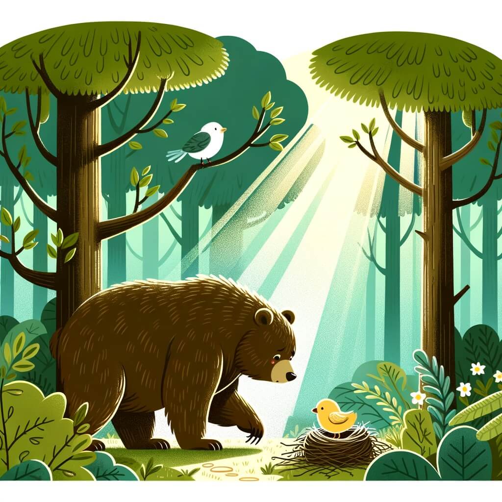 Une illustration pour enfants représentant un grand ours solitaire qui vit dans une grotte de la forêt et qui rencontre un petit oiseau tombé du nid.