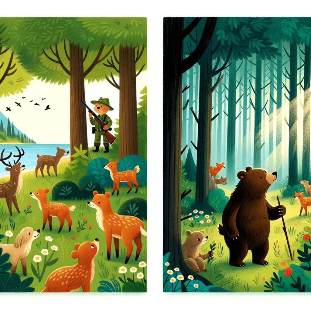 Une illustration pour enfants représentant une ourse sauvage qui doit apprendre à vivre en harmonie avec les autres animaux de la forêt, dans un lieu magique et mystérieux.