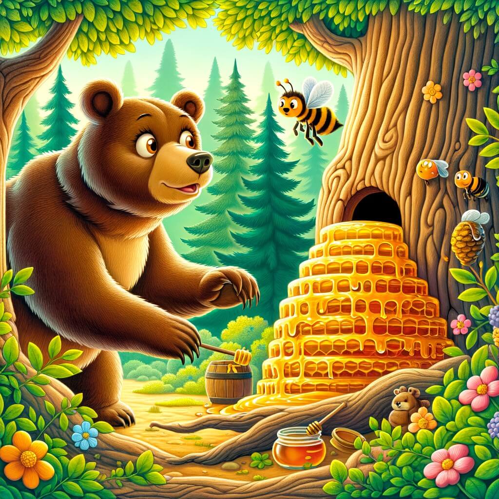 Une illustration destinée aux enfants représentant une ourse curieuse et gourmande, découvrant une ruche remplie de miel doré, accompagnée d'une abeille en colère, dans une forêt dense et verdoyante, avec des arbres majestueux et des fleurs colorées.