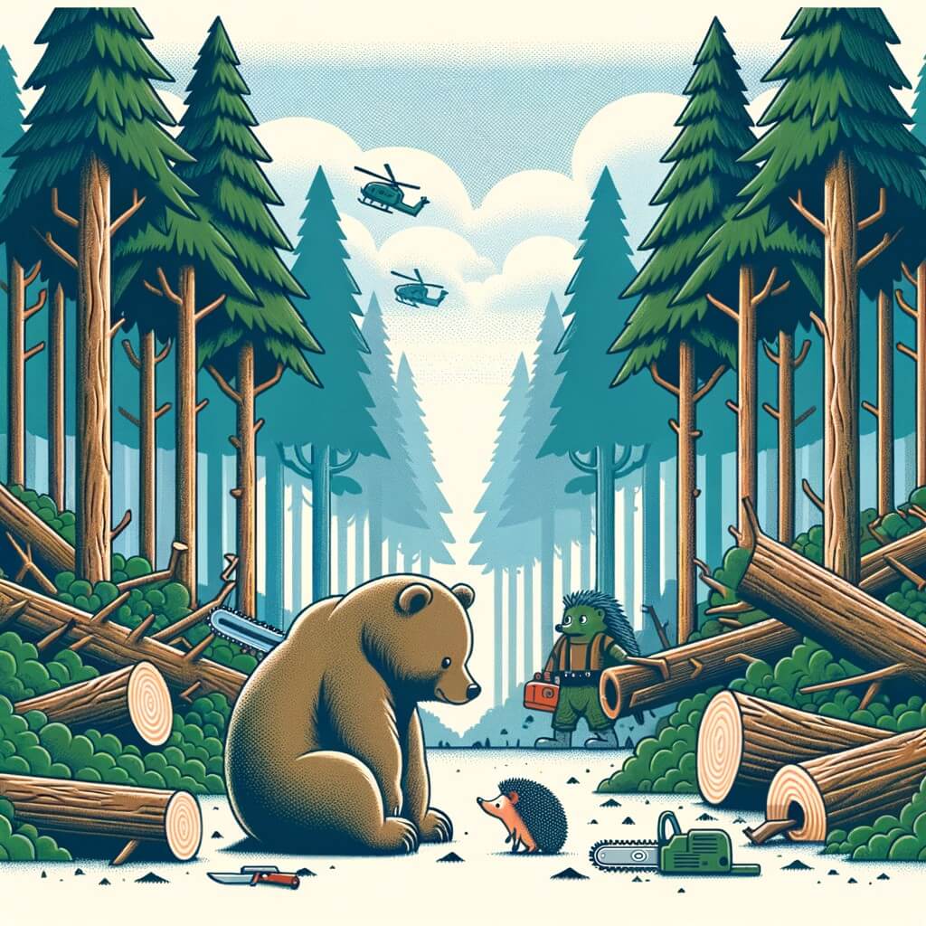 Une illustration pour enfants représentant un ourson solitaire dans une grande forêt, qui rêve d'aventures et qui découvre un jour que des hommes coupent les arbres.