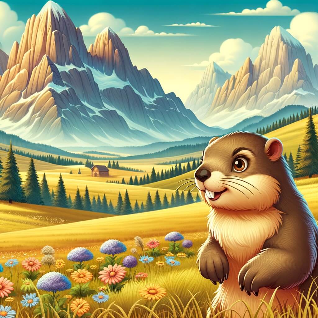 Une illustration pour enfants représentant une charmante marmotte curieuse, explorant une vaste prairie entourée de majestueuses montagnes.