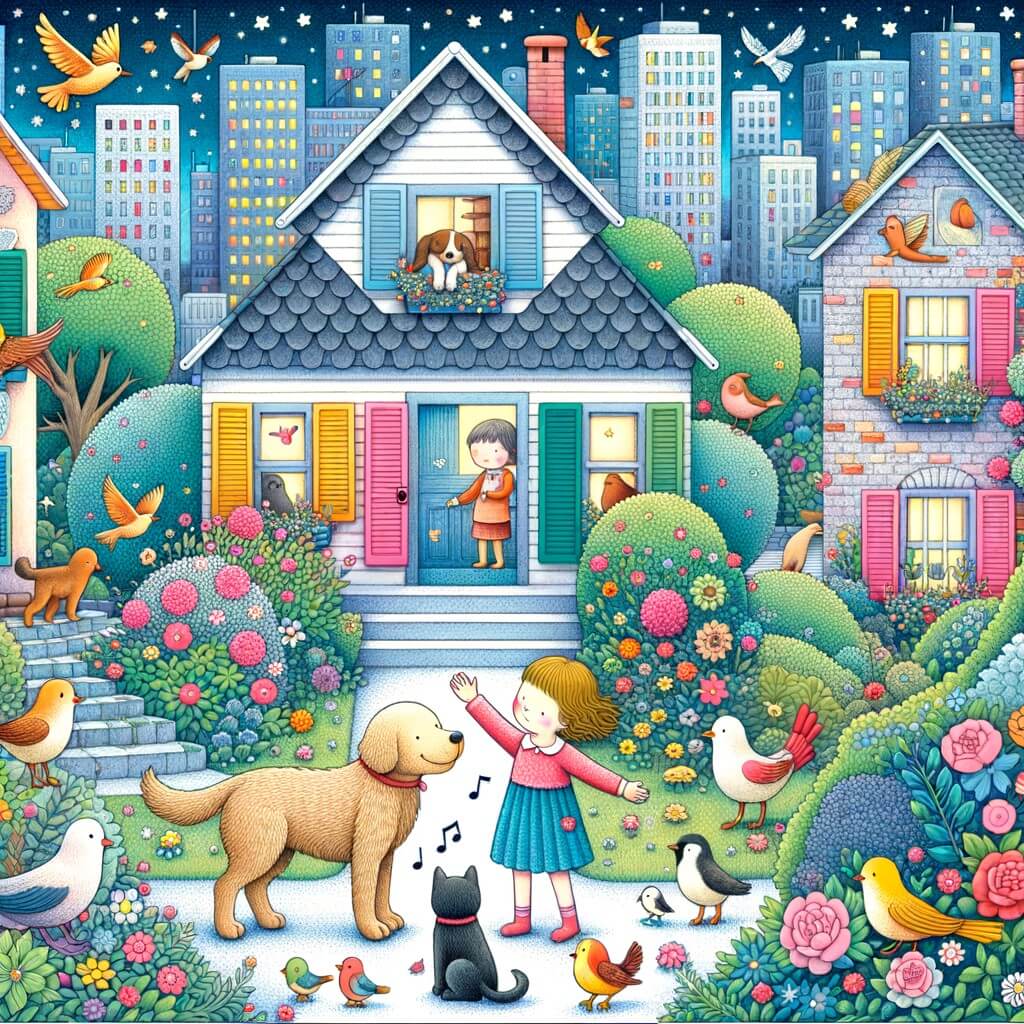 Une illustration destinée aux enfants représentant un chien abandonné, perdu dans une ville animée, rencontrant une petite fille bienveillante dans une maison aux volets colorés, entourée d'un jardin fleuri et d'oiseaux chantants.
