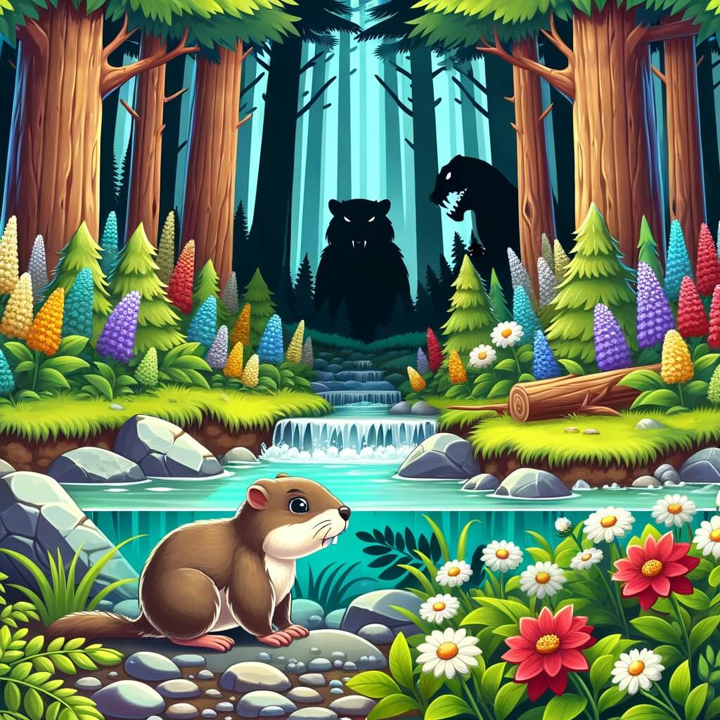 Une illustration destinée aux enfants représentant une marmotte solitaire, confrontée à l'arrivée de prédateurs dans une forêt dense et profonde, avec en toile de fond un ruisseau cristallin entouré de fleurs sauvages multicolores.