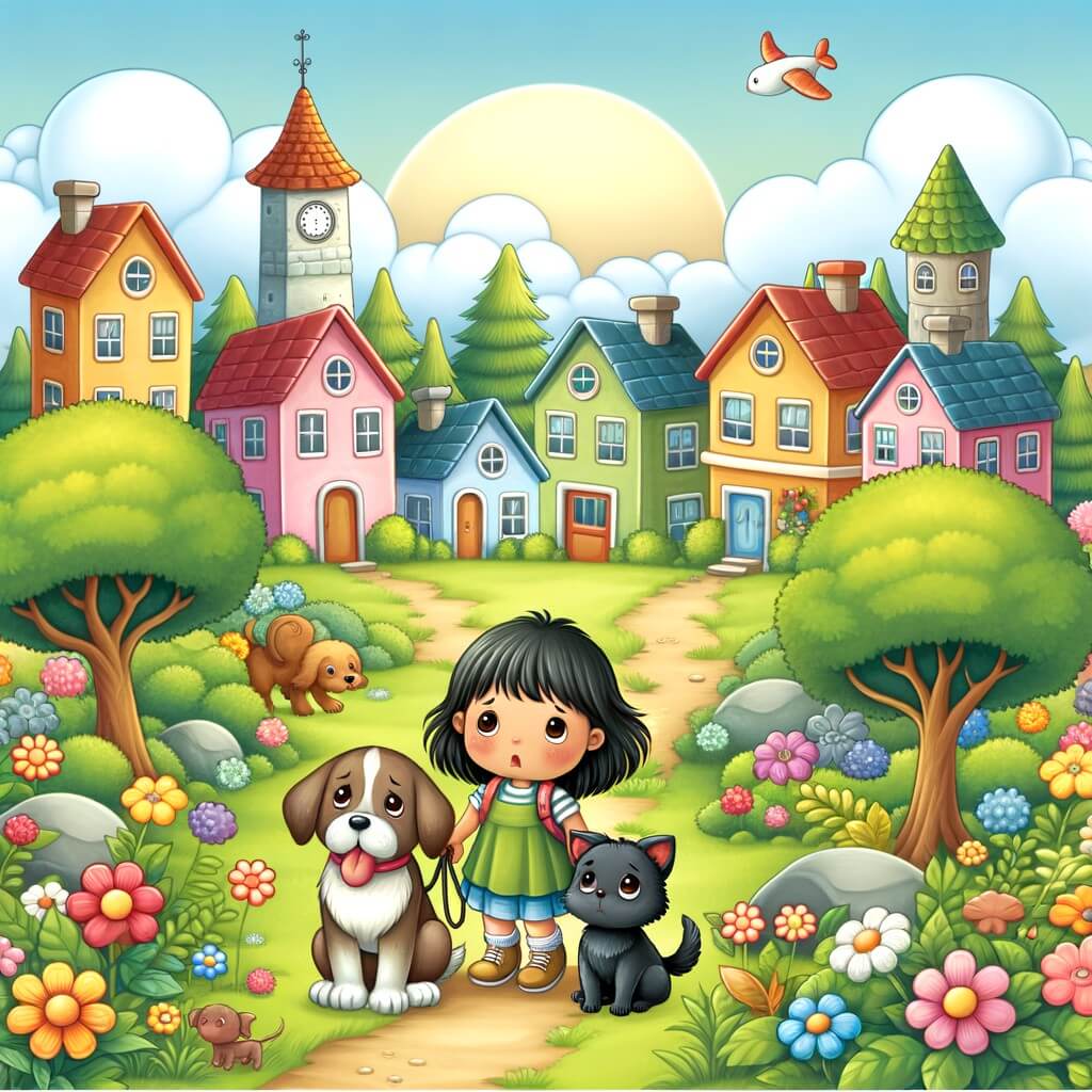 Une illustration destinée aux enfants représentant un chien perdu et triste, accompagné d'une petite fille bienveillante, se trouvant dans une charmante petite ville entourée de maisons colorées et de fleurs chatoyantes.