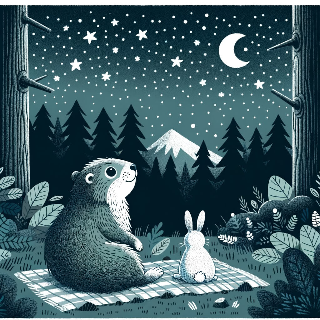 Une illustration destinée aux enfants représentant une marmotte curieuse observant le ciel étoilé, accompagnée d'un lapin, dans une forêt dense et sombre.