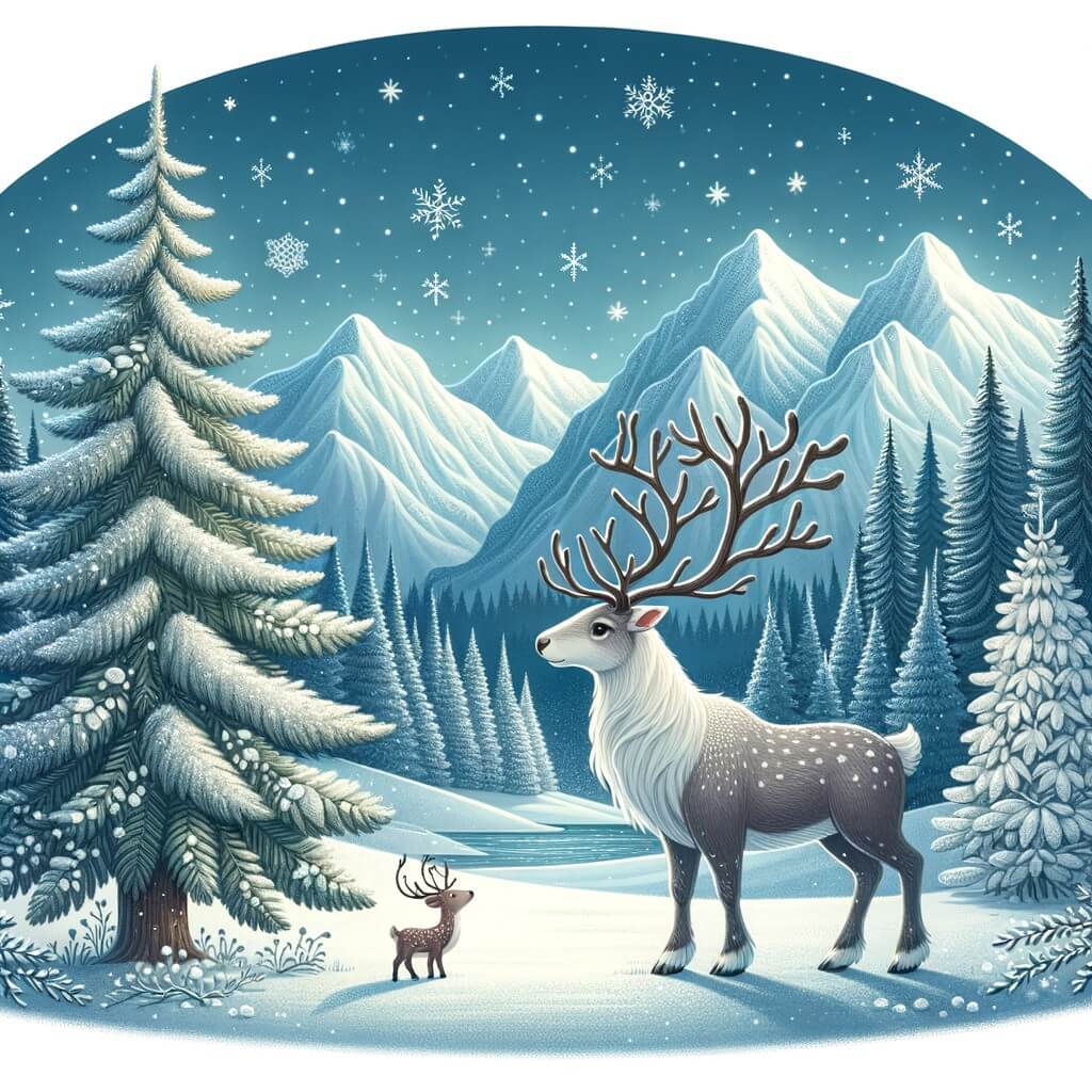 Une illustration destinée aux enfants représentant un magnifique renne, symbole de la grâce et de la force, qui rencontre un sapin triste et solitaire dans une forêt enneigée, entourée de majestueuses montagnes couvertes de neige étincelante.