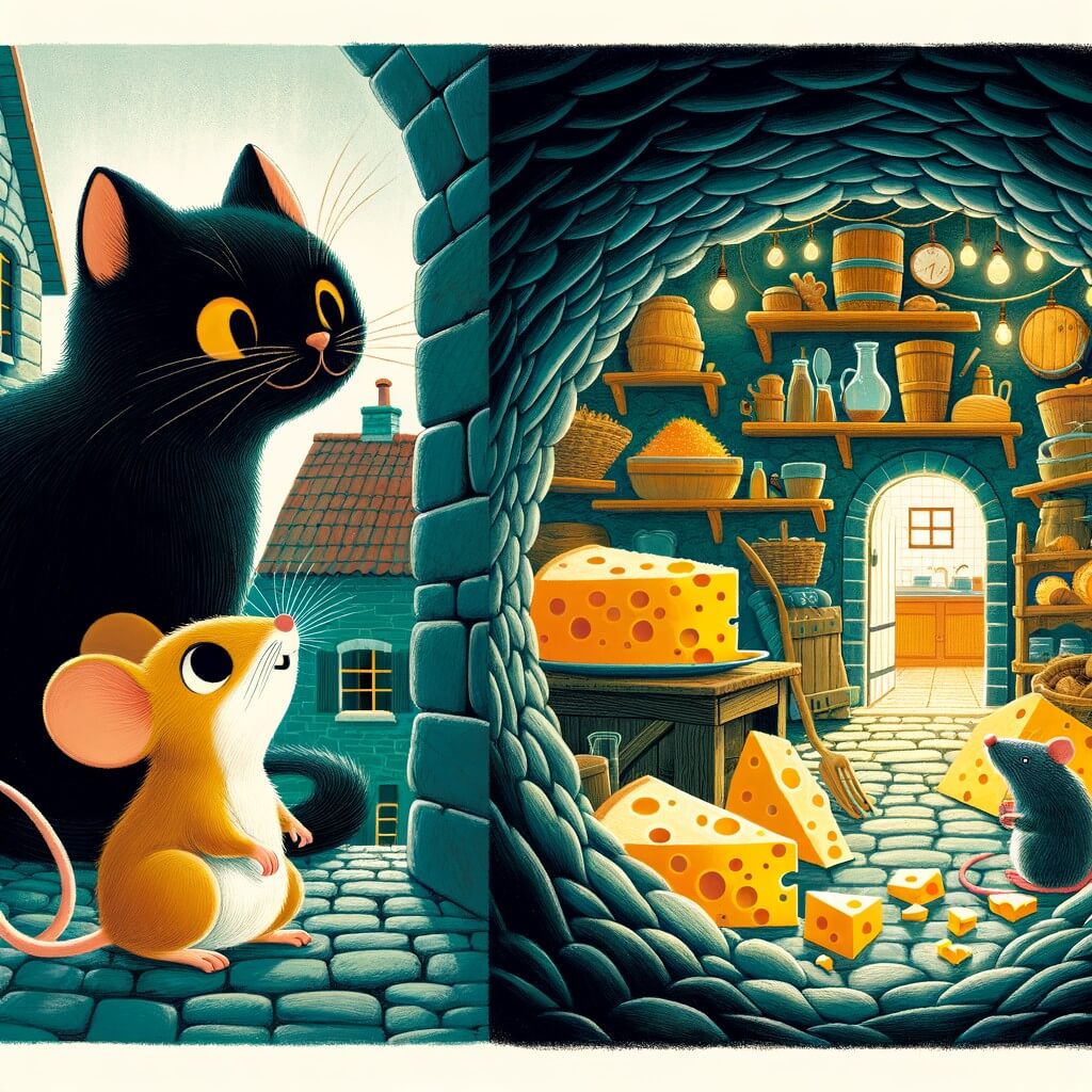 Une illustration pour enfants représentant une petite souris courageuse qui doit surmonter sa peur du chat voisin pour trouver du fromage dans la maison voisine, située en bordure de forêt.