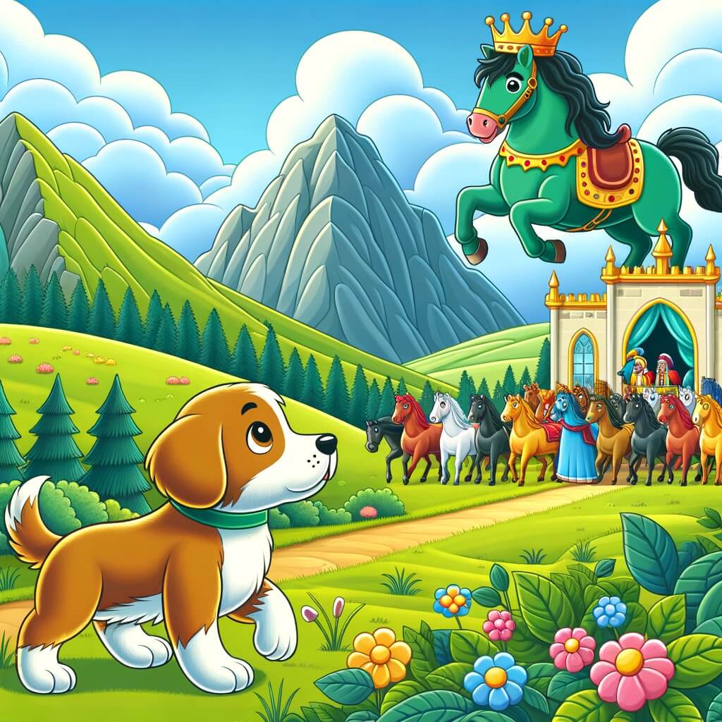 Une illustration pour enfants représentant un petit chien solitaire dans une prairie verdoyante entourée de collines, qui rencontre un cheval majestueux et part en quête pour retrouver un collier magique volé.
