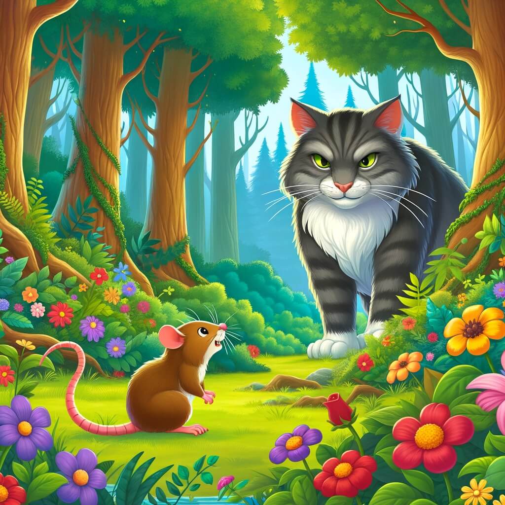 Une illustration destinée aux enfants représentant un petit rat malin, se retrouvant face à un chat féroce, dans une forêt luxuriante remplie de fleurs colorées et de grands arbres majestueux.