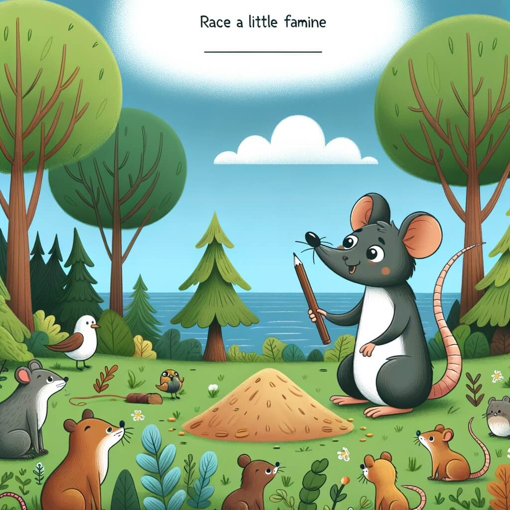 Une illustration destinée aux enfants représentant un petit rat malin, affrontant une famine avec l'aide d'autres animaux, dans une forêt luxuriante où les arbres sont si grands qu'ils touchent le ciel.