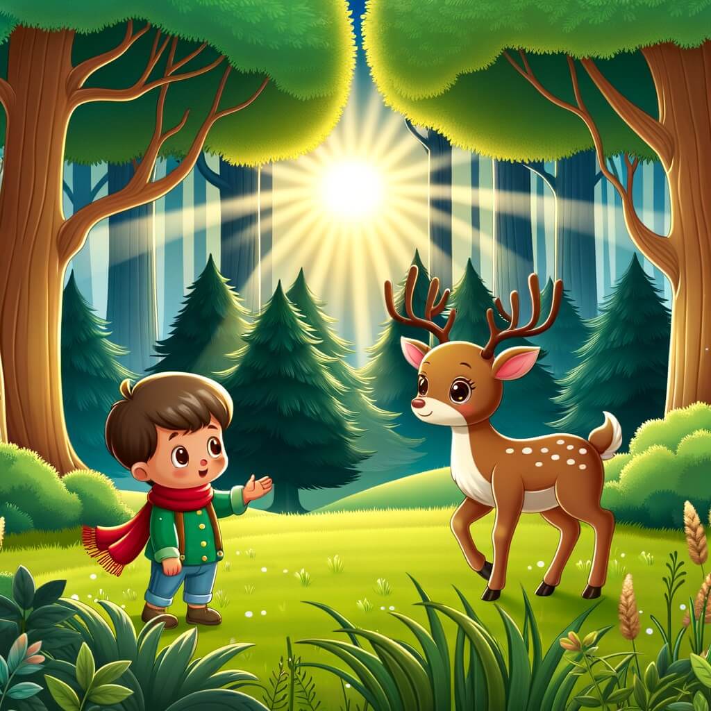 Une illustration destinée aux enfants représentant un renne solitaire, perdu dans une grande forêt enchantée, qui rencontre une biche gracieuse et sympathique, au milieu d'une clairière verdoyante baignée par la douce lumière du soleil couchant.