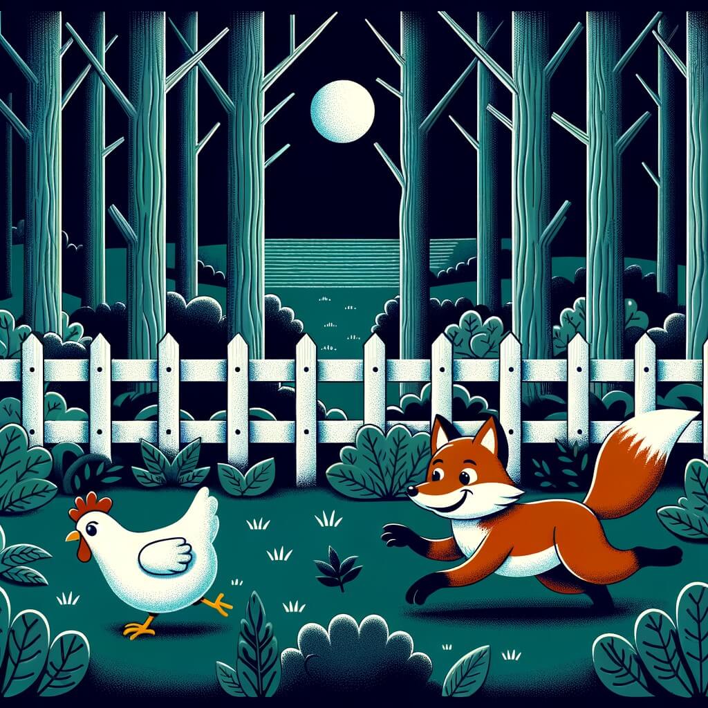 Une illustration destinée aux enfants représentant un renard rusé et malicieux, poursuivant une poule blanche dans une cour entourée d'une haute clôture dans une forêt dense et sombre.