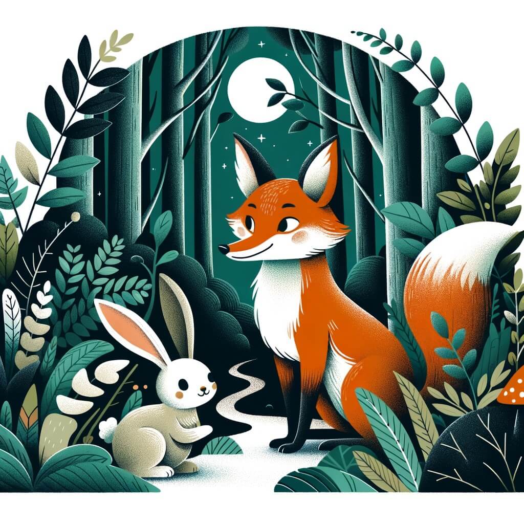 Une illustration destinée aux enfants représentant un élégant renard rusé, se trouvant dans une forêt luxuriante et mystérieuse, accompagné d'un adorable lapin perdu, tous deux partageant un moment de complicité et d'aventure.