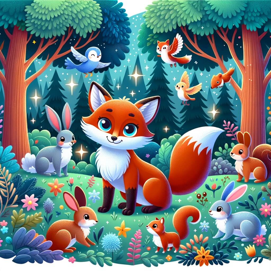 Une illustration destinée aux enfants représentant un renard rusé, se retrouvant dans une forêt enchantée, accompagné d'autres animaux de la forêt, tels que des lapins bondissants, des écureuils malicieux et des oiseaux colorés, entourés de majestueux arbres aux feuilles chatoyantes et de fleurs éclatantes.