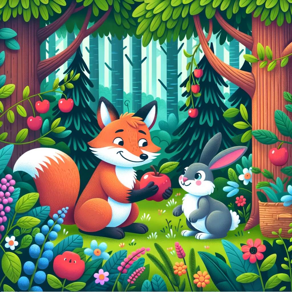 Une illustration destinée aux enfants représentant un renard rusé, se retrouvant coincé après avoir tenté d'attraper une pomme, avec l'aide précieuse d'un lapin, dans une forêt dense et luxuriante remplie de fleurs colorées et d'arbres majestueux.