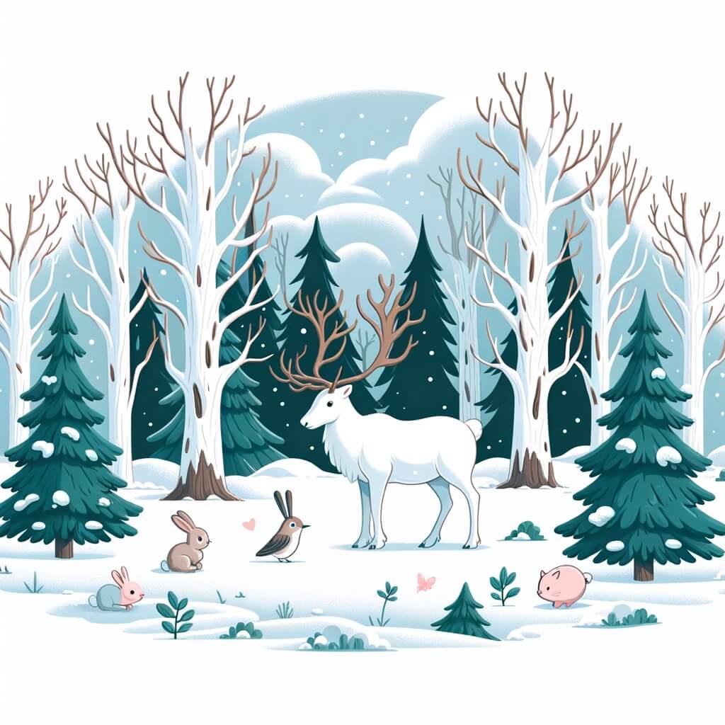 Une illustration destinée aux enfants représentant un majestueux renne solitaire, accompagné d'un oisillon et d'un petit lapin, dans une forêt enneigée où les arbres sont en train de mourir à cause de la pollution humaine.