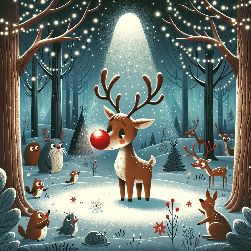 Une illustration destinée aux enfants représentant un renne solitaire au nez rouge brillant, confronté à la solitude et au rejet des autres rennes, dans une forêt enchantée avec des arbres majestueux, des animaux curieux et une légère couche de neige étincelante.
