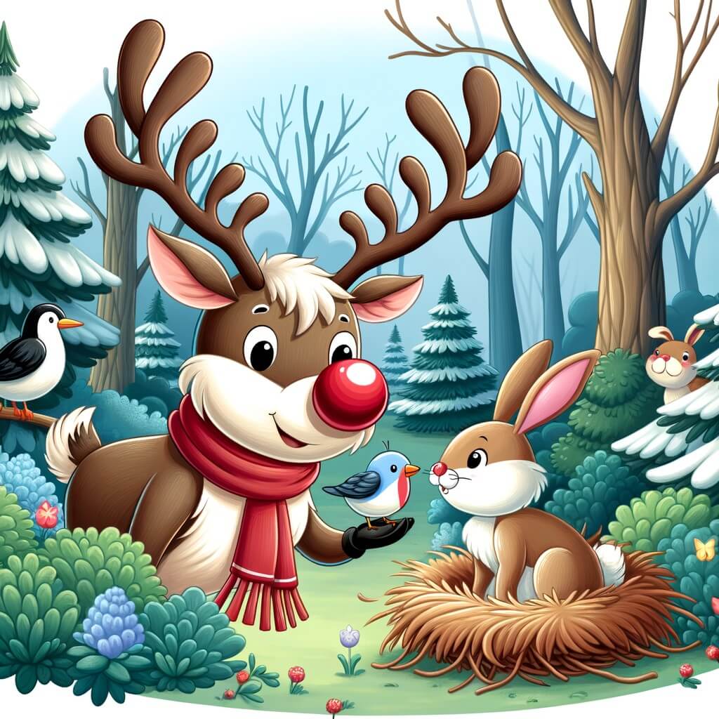 Une illustration destinée aux enfants représentant un renne au nez rouge vif, se trouvant dans une forêt enchantée, accompagné d'un lapin, dans une situation où ils aident un oisillon tombé du nid.