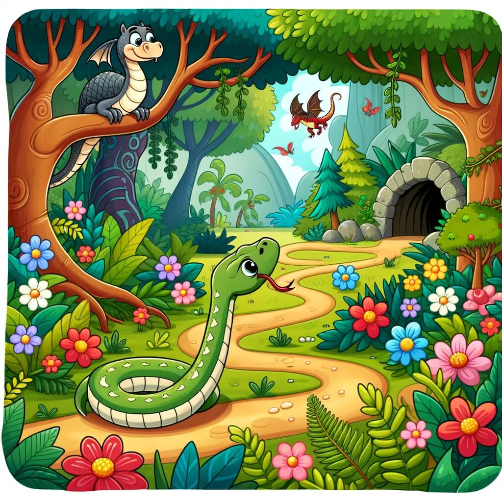 Une illustration destinée aux enfants représentant un serpent curieux explorant une grotte mystérieuse gardée par un dragon affamé, dans une jungle dense aux arbres luxuriants et aux fleurs multicolores.