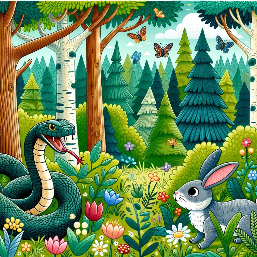 Une illustration destinée aux enfants représentant un serpent curieux et affamé, accompagné d'un lapin malicieux, explorant une forêt dense aux arbres majestueux, remplie de couleurs vives et de fleurs chatoyantes.