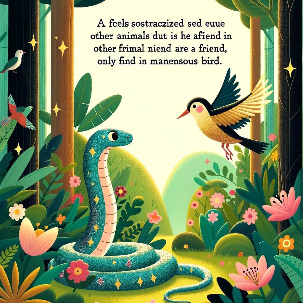 Une illustration pour enfants représentant un serpent, qui se sent seul et rejeté par les autres animaux de la forêt verdoyante, cherche à se faire des amis et à trouver sa place dans un environnement naturel.