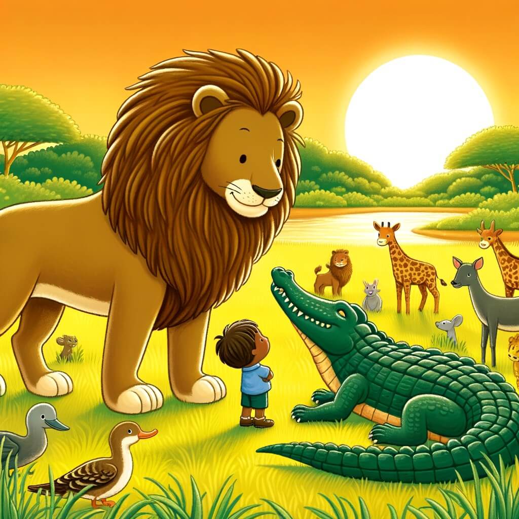 Une illustration destinée aux enfants représentant un fier lion, roi de la jungle, faisant face à un crocodile, tandis que des animaux de la savane observent attentivement depuis les hautes herbes verdoyantes d'une clairière baignée par la lumière chaude du soleil couchant.