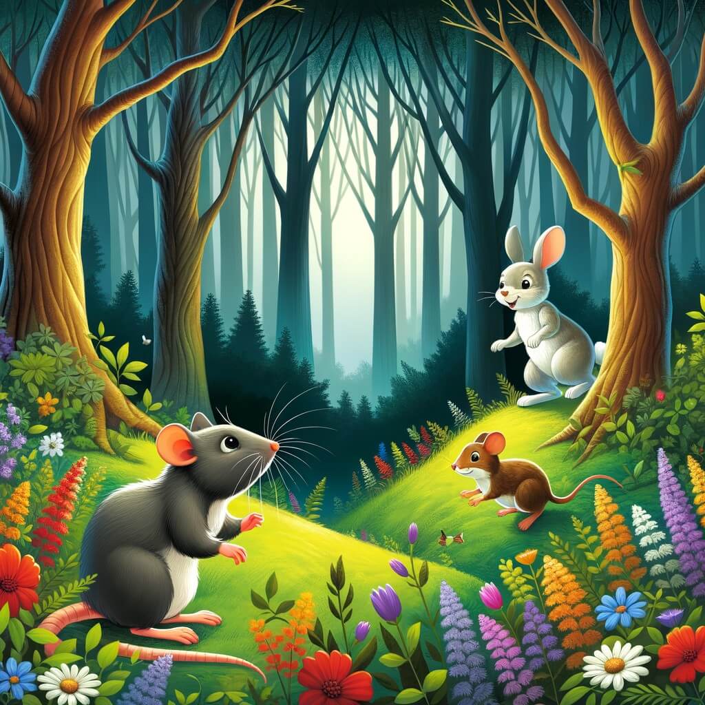 Une illustration destinée aux enfants représentant un petit rat malin et timide qui rencontre une souris amicale et un lapin bondissant dans une forêt dense et sombre, remplie de fleurs colorées et d'arbres majestueux.