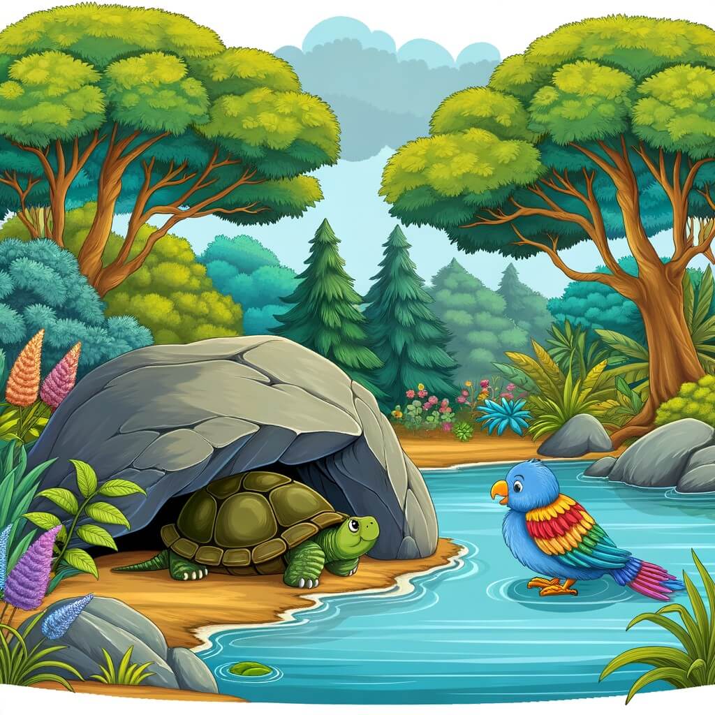 Une illustration destinée aux enfants représentant une tortue solitaire, cachée sous un grand rocher au bord d'un étang entouré de majestueux arbres et de buissons, qui fait la rencontre d'un oiseau bavard aux plumes colorées.