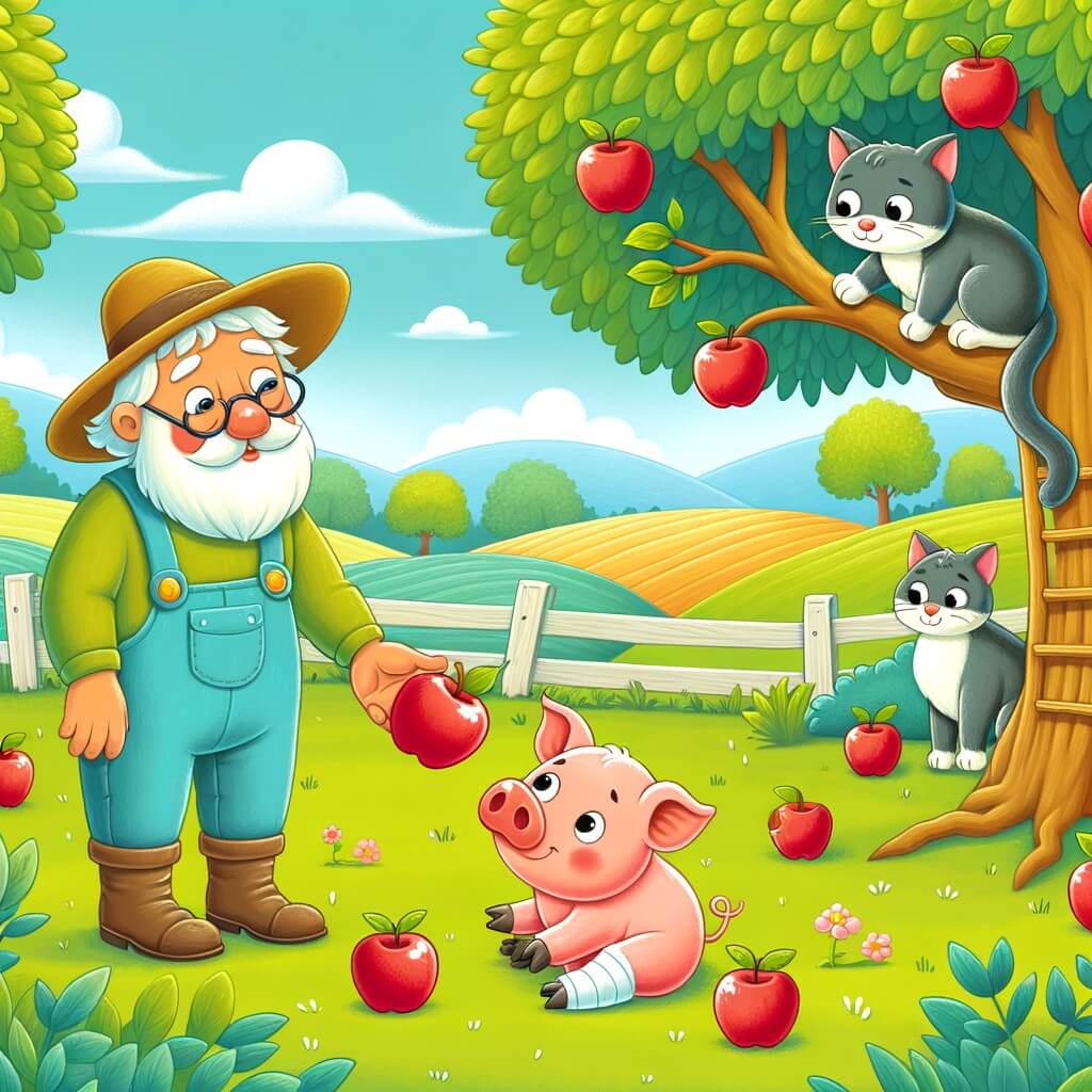 Une illustration destinée aux enfants représentant un mignon petit cochon curieux, se retrouvant avec une patte cassée après avoir grimpé dans un arbre pour attraper une pomme rouge brillante, accompagné d'un vieux chat bienveillant, dans une ferme entourée de vastes champs verdoyants et d'arbres majestueux.