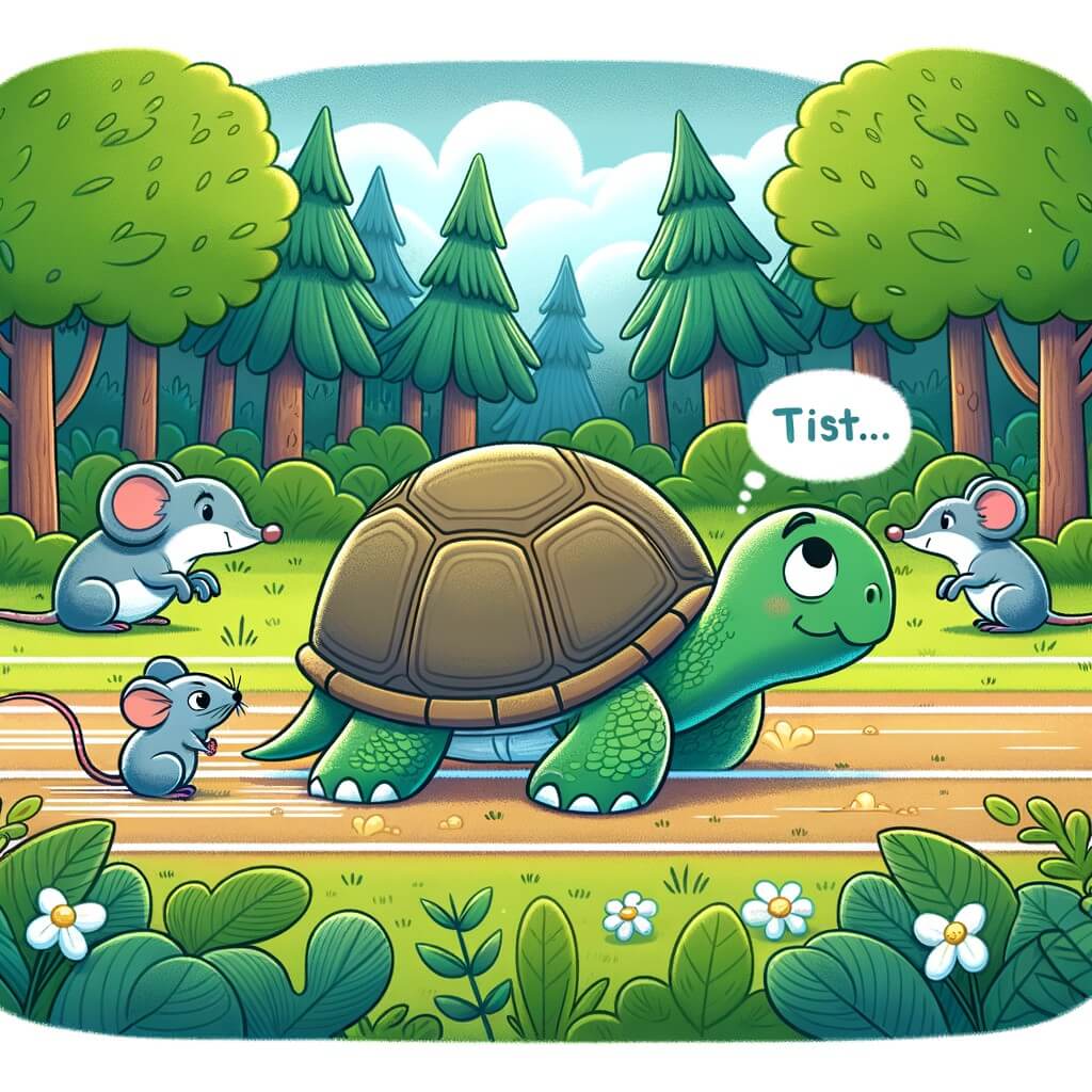 Une illustration destinée aux enfants représentant une tortue lente et déterminée, participant à une course contre des animaux rapides, avec une petite souris comme personnage secondaire, dans une forêt verdoyante et luxuriante.