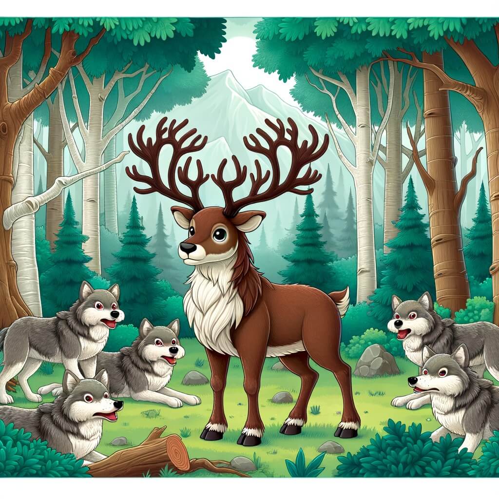 Une illustration destinée aux enfants représentant un renne au pelage brun et aux bois majestueux, se tenant courageusement devant une meute de loups affamés, dans une forêt enchantée où les arbres semblent danser avec la brise légère.