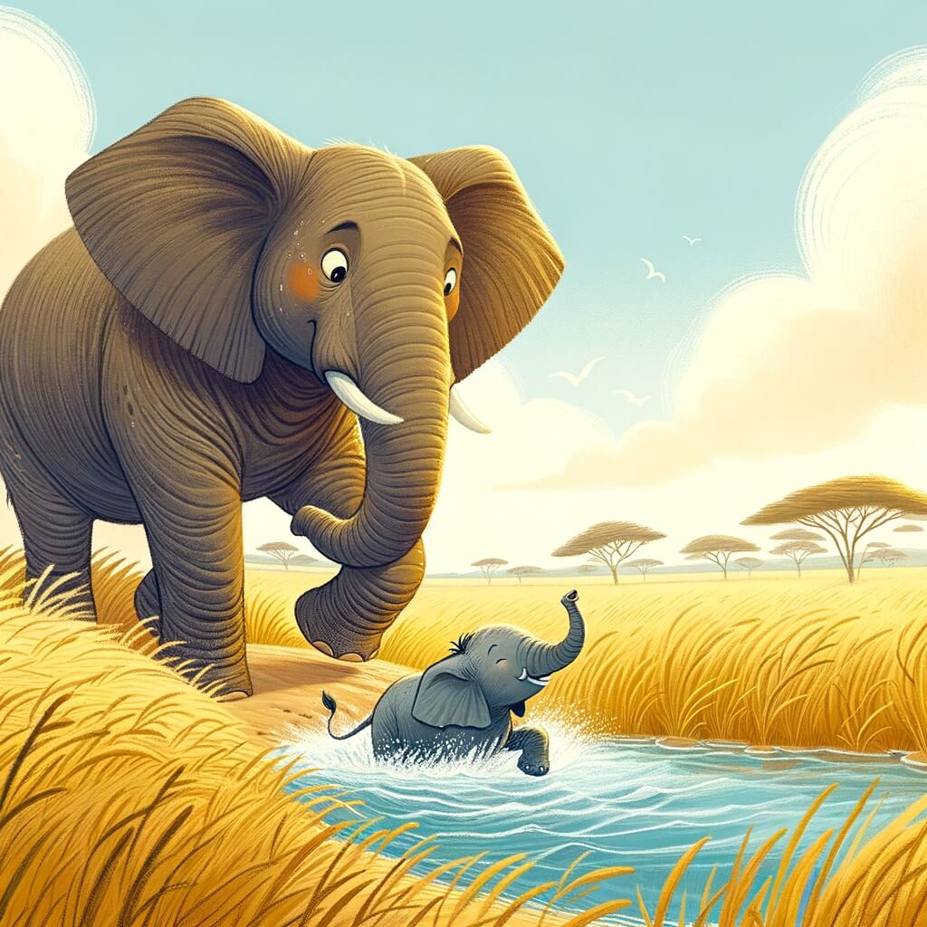 Une illustration pour enfants représentant un éléphant courageux surmontant sa peur de l'eau dans la savane.