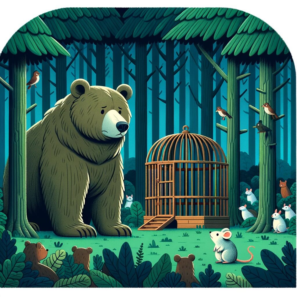 Une illustration pour enfants représentant un ours solitaire au cœur de la forêt dense et profonde, qui est appelé à sauver une famille de souris capturée par un chat sauvage.
