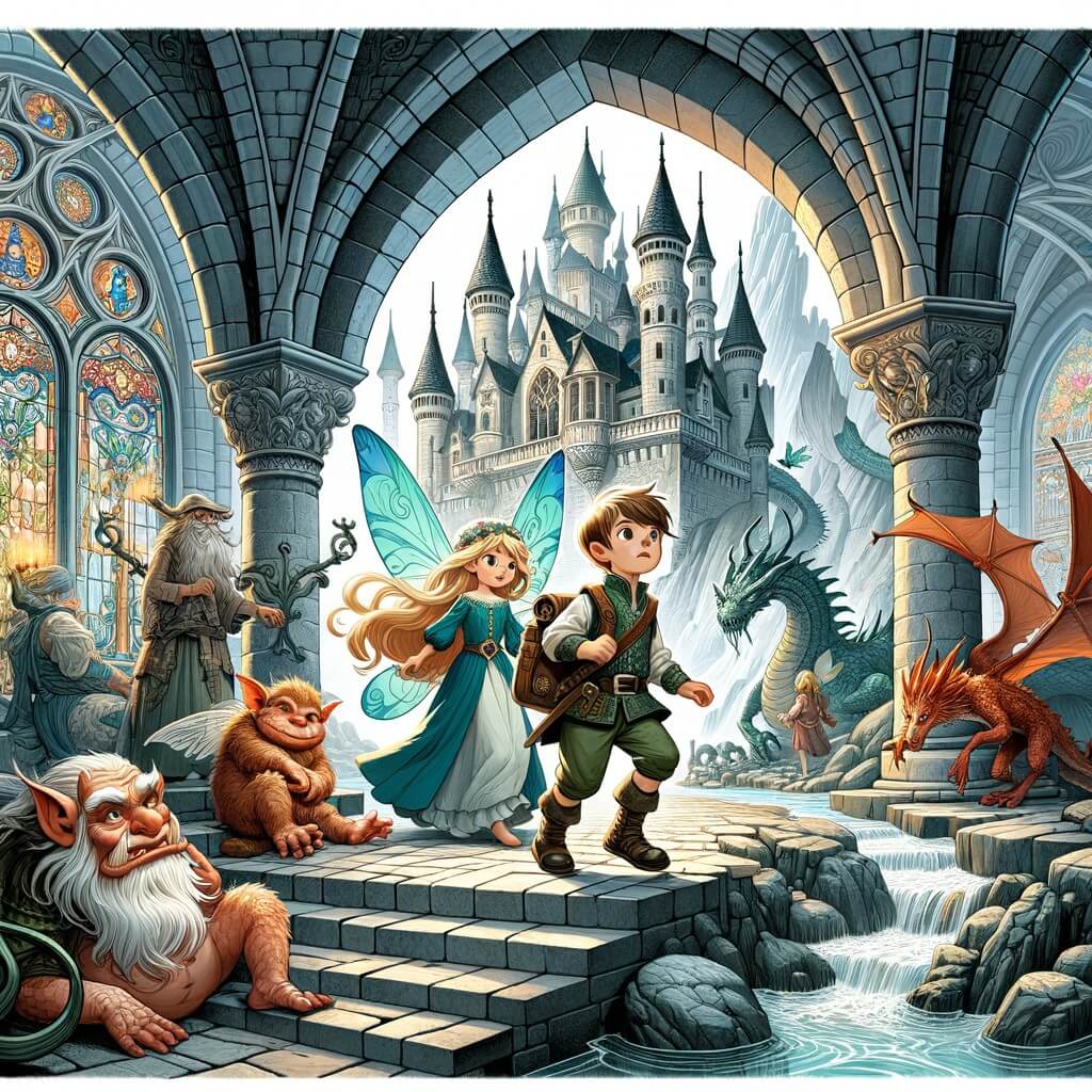 Une illustration destinée aux enfants représentant un petit garçon intrépide, accompagné d'une fée, se lançant dans une aventure palpitante à travers un château majestueux, rempli de trolls, de miroirs enchantés et d'un dragon endormi.
