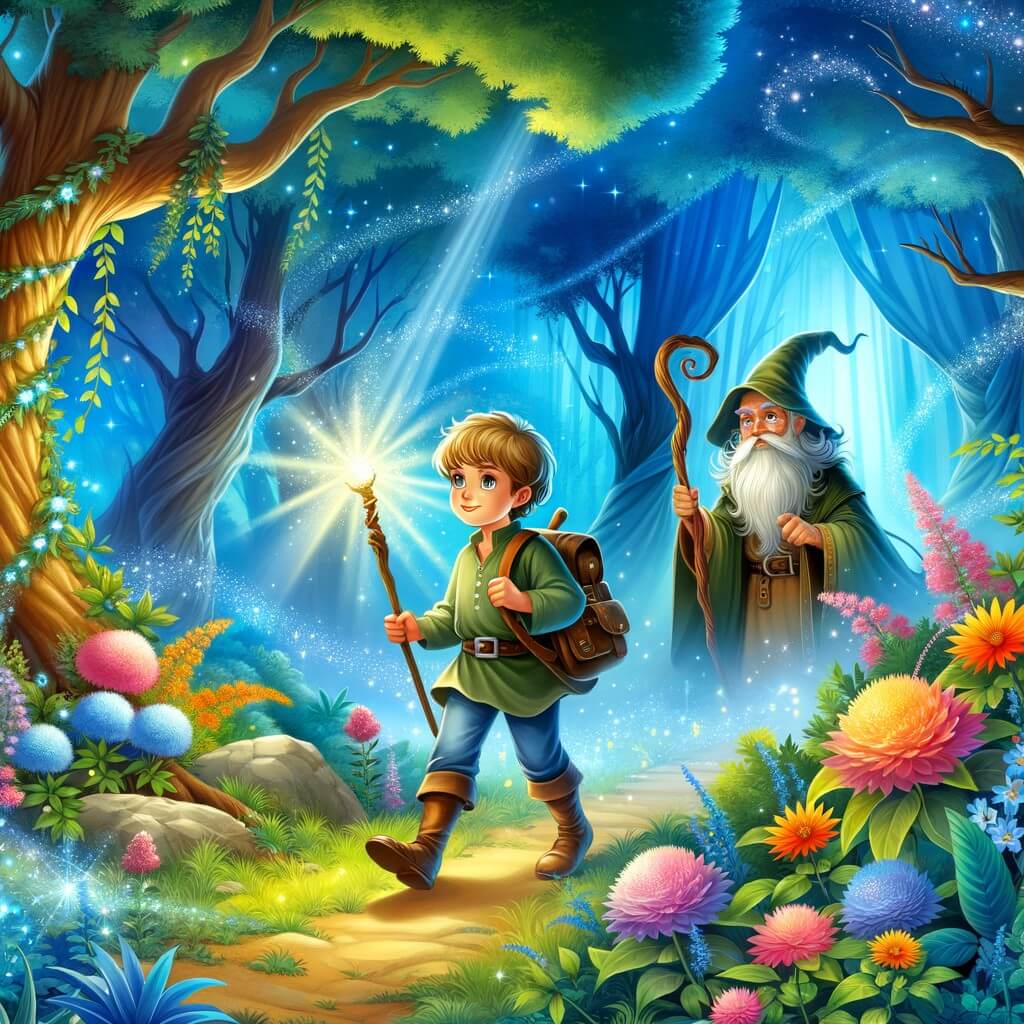 Une illustration pour enfants représentant un jeune explorateur audacieux, plongé dans une quête extraordinaire à travers un monde enchanteur.