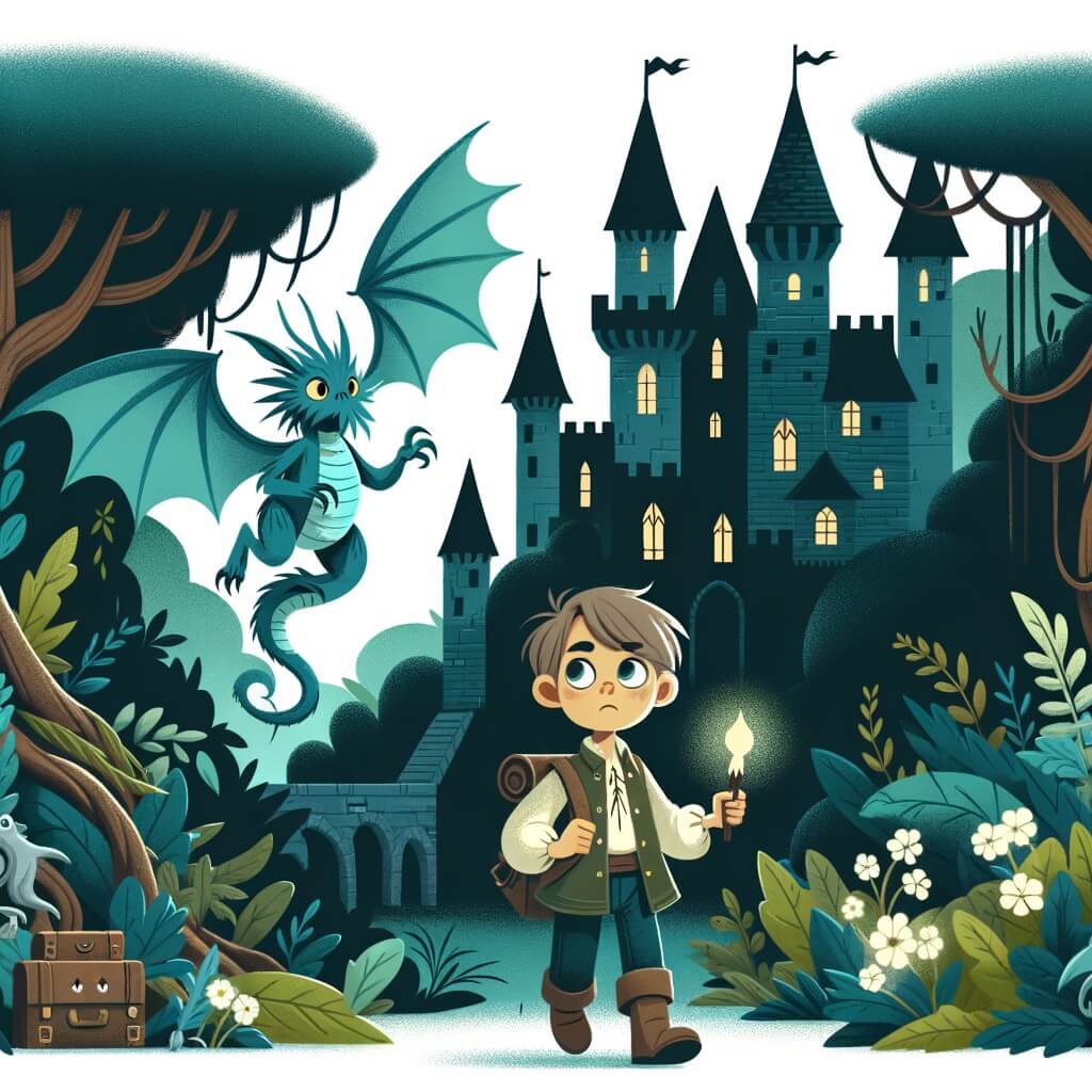 Une illustration destinée aux enfants représentant un petit garçon curieux et intrépide, accompagné d'une créature magique, explorant un château sombre et effrayant dans une forêt mystérieuse et luxuriante.