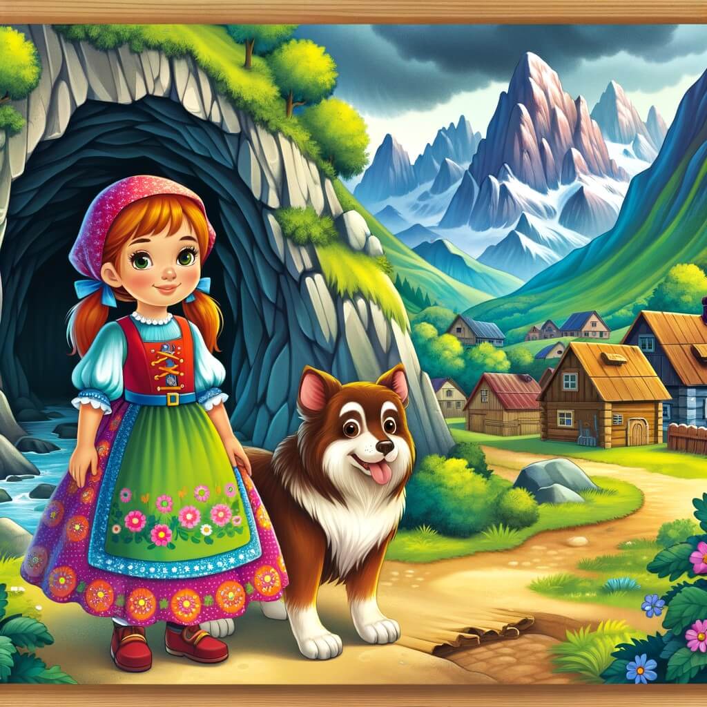 Une illustration destinée aux enfants représentant une petite fille intrépide, vêtue d'une robe colorée, se tenant devant l'entrée d'une grotte mystérieuse, accompagnée d'un fidèle compagnon à quatre pattes, dans un village niché au pied de majestueuses montagnes verdoyantes.