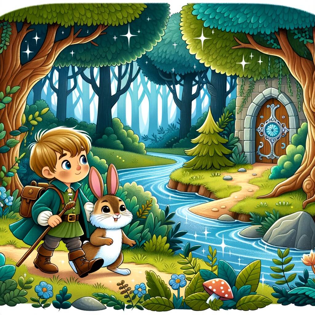 Une illustration destinée aux enfants représentant un petit garçon intrépide, accompagné d'un adorable lapin, explorant une forêt enchantée avec des arbres majestueux, une rivière étincelante et une clairière secrète abritant une mystérieuse porte.