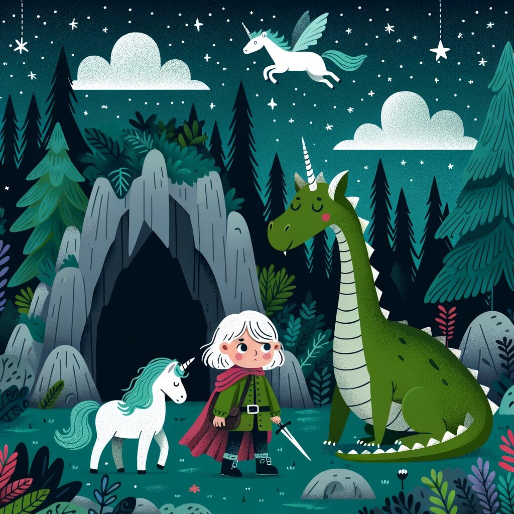 Une illustration destinée aux enfants représentant une petite fille intrépide se tenant devant une mystérieuse grotte, accompagnée d'un dragon blessé, dans une forêt dense et enchantée où des licornes galopent sous un ciel étoilé.