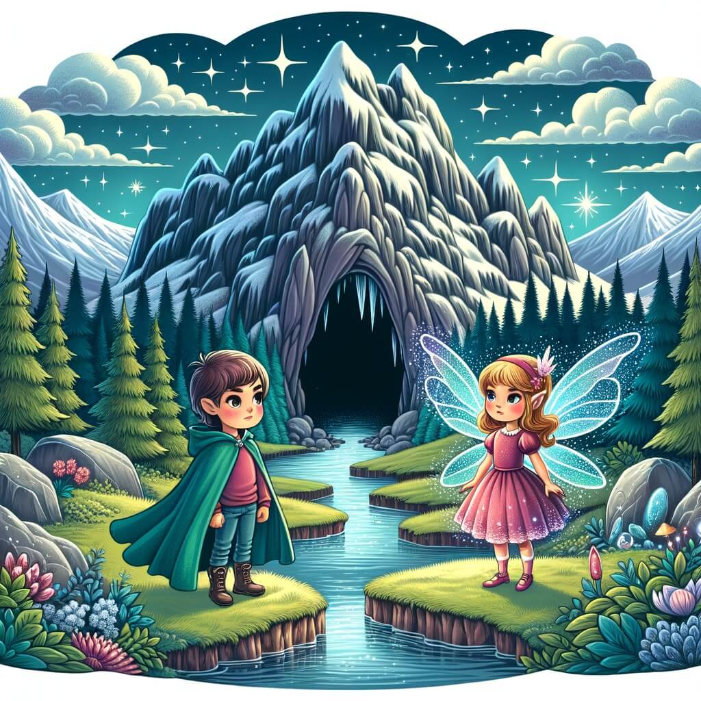 Une illustration pour enfants représentant une petite fille courageuse à la recherche d'un trésor légendaire dans une grotte mystérieuse située au sommet d'une montagne entourée de forêts.