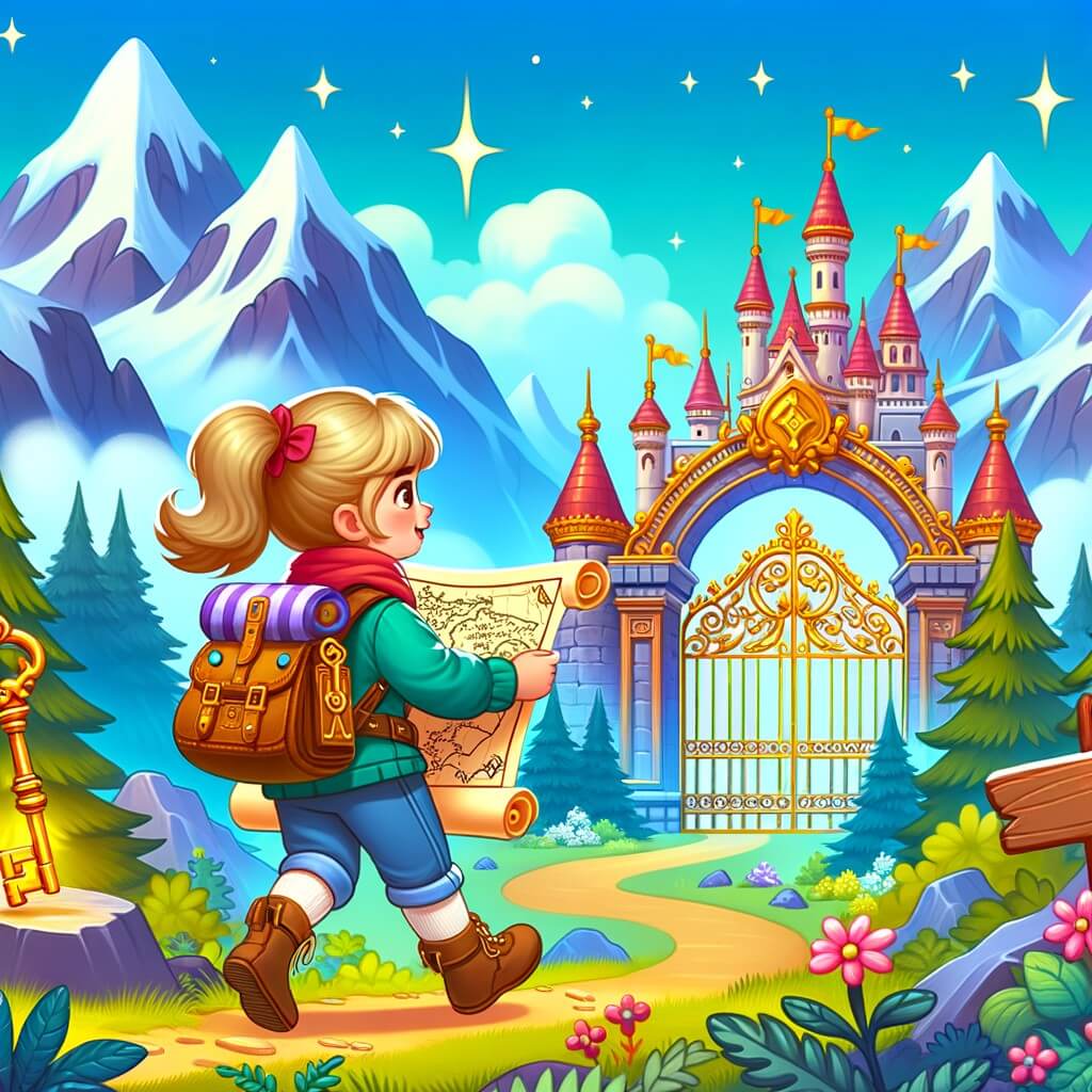 Une illustration pour enfants représentant une petite fille intrépide qui part à l'aventure dans une forêt mystérieuse pour trouver un monde merveilleux rempli de magie et de créatures fantastiques.